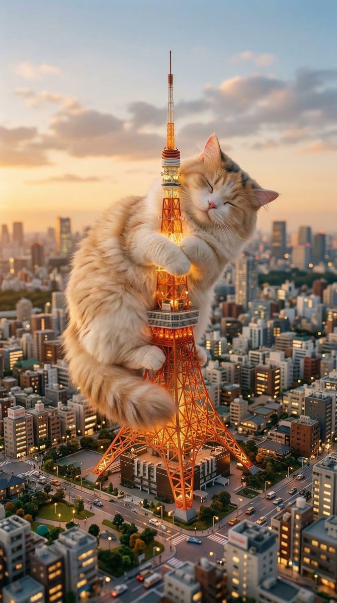 Giant Cat Occupying Tokyo Tower — example 1
