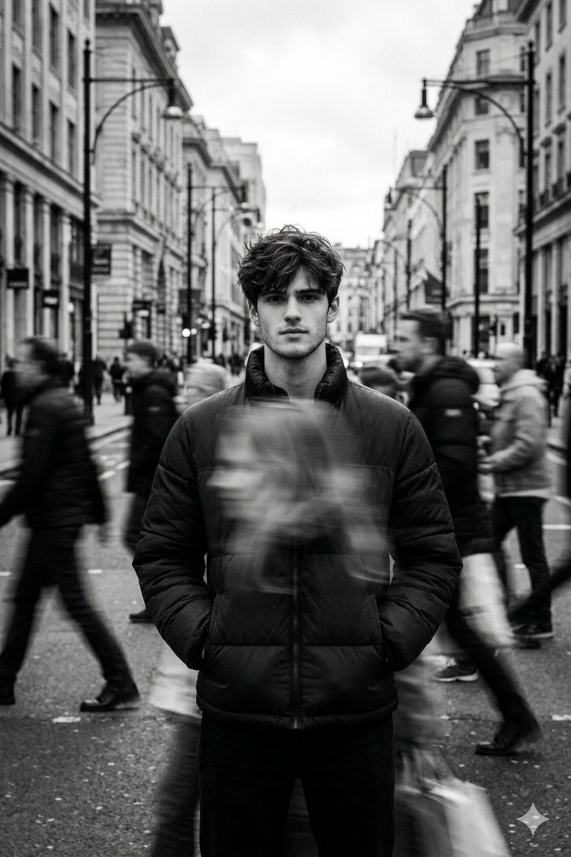 Black and White Cinematic Street Portrait with Motion Blur — example 1