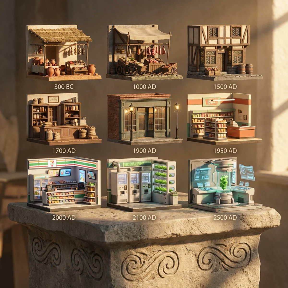 Evolution of Grocery Shops 3D Grid Prompt — example 1