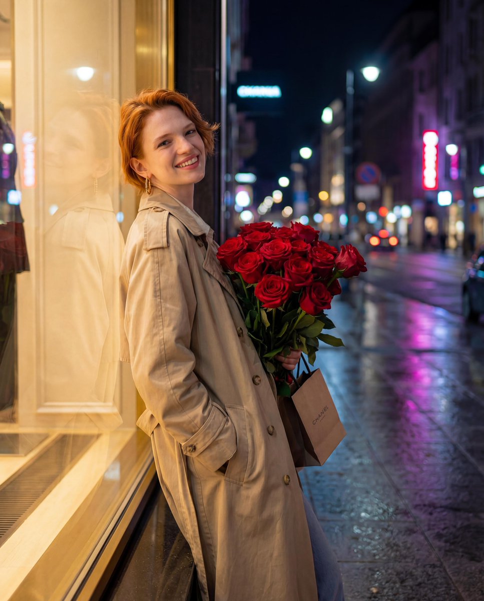 Candid Night-Time Street Style Photo with Roses — example 1