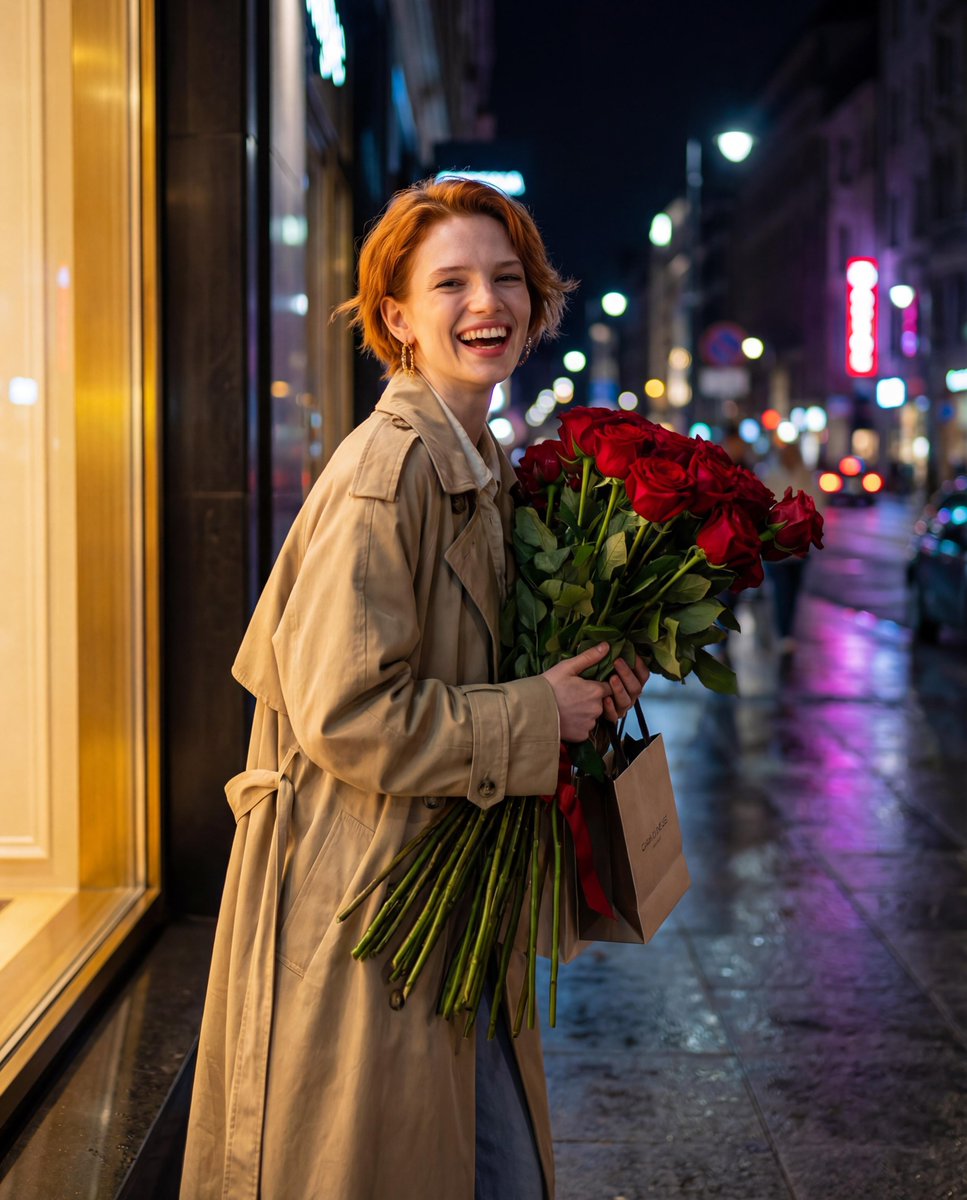 Candid Night-Time Street Style Photo with Roses — example 2