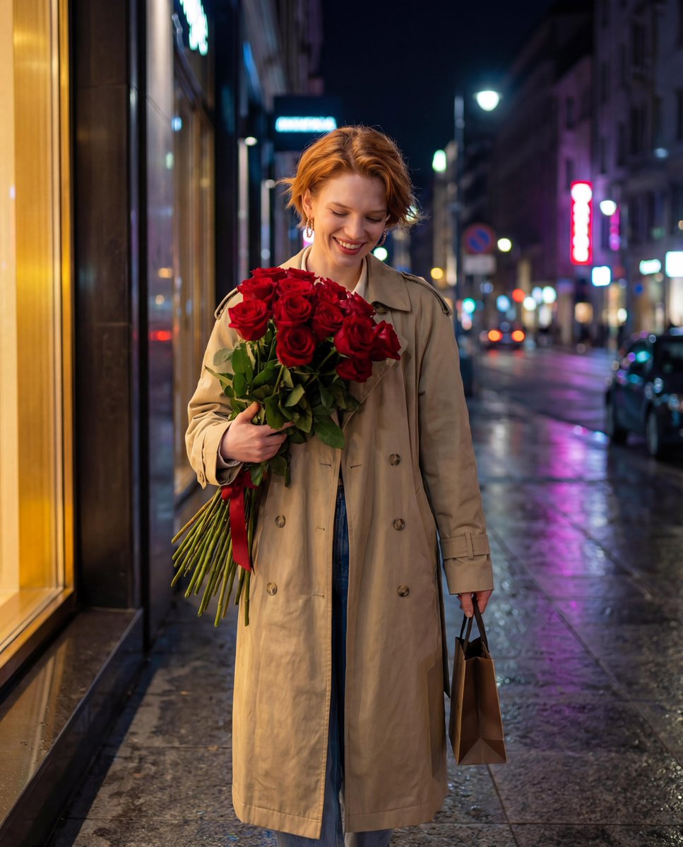 Candid Night-Time Street Style Photo with Roses — example 3