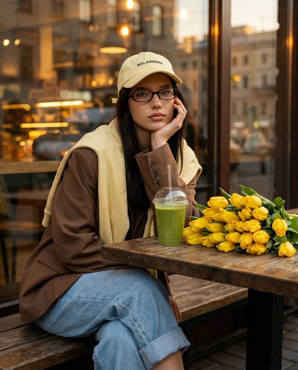 Stylish Street Cafe Portrait with Layered Outfit — example 1