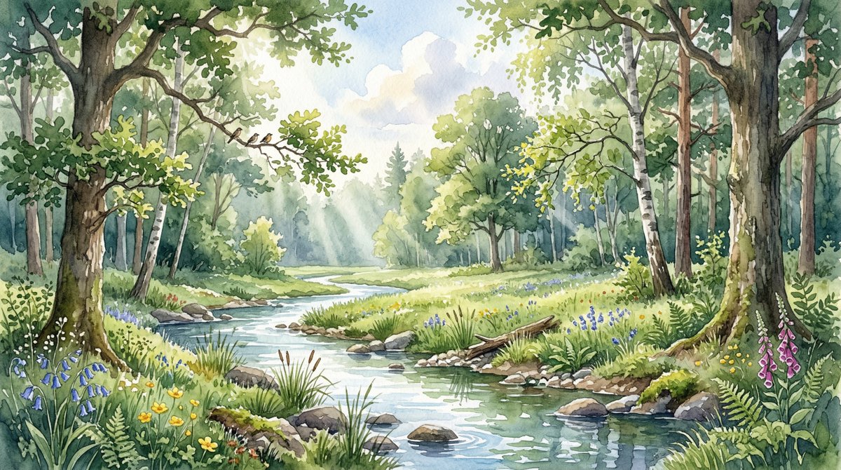 Watercolor Forest Clearing with Stream — example 1
