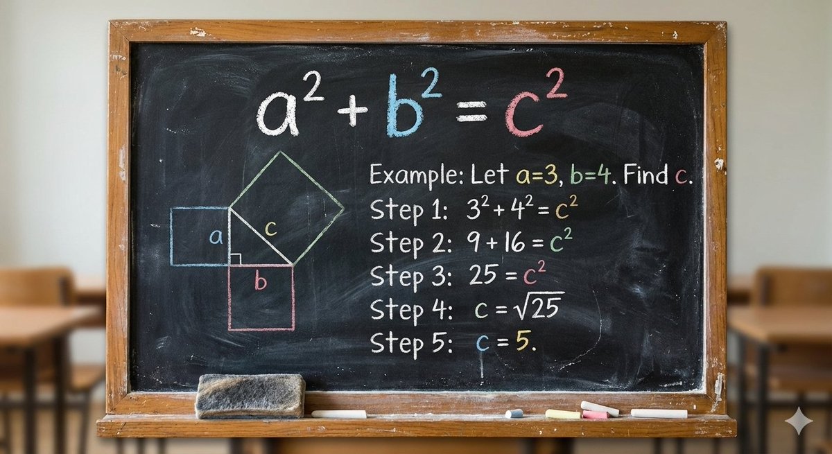 Blackboard solving Pythagoras theorem — example 1