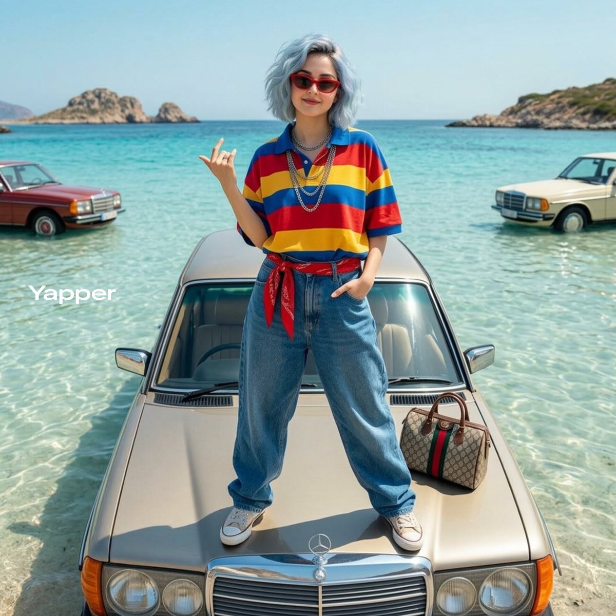 Stylish Woman on Submerged Vintage Car — example 1