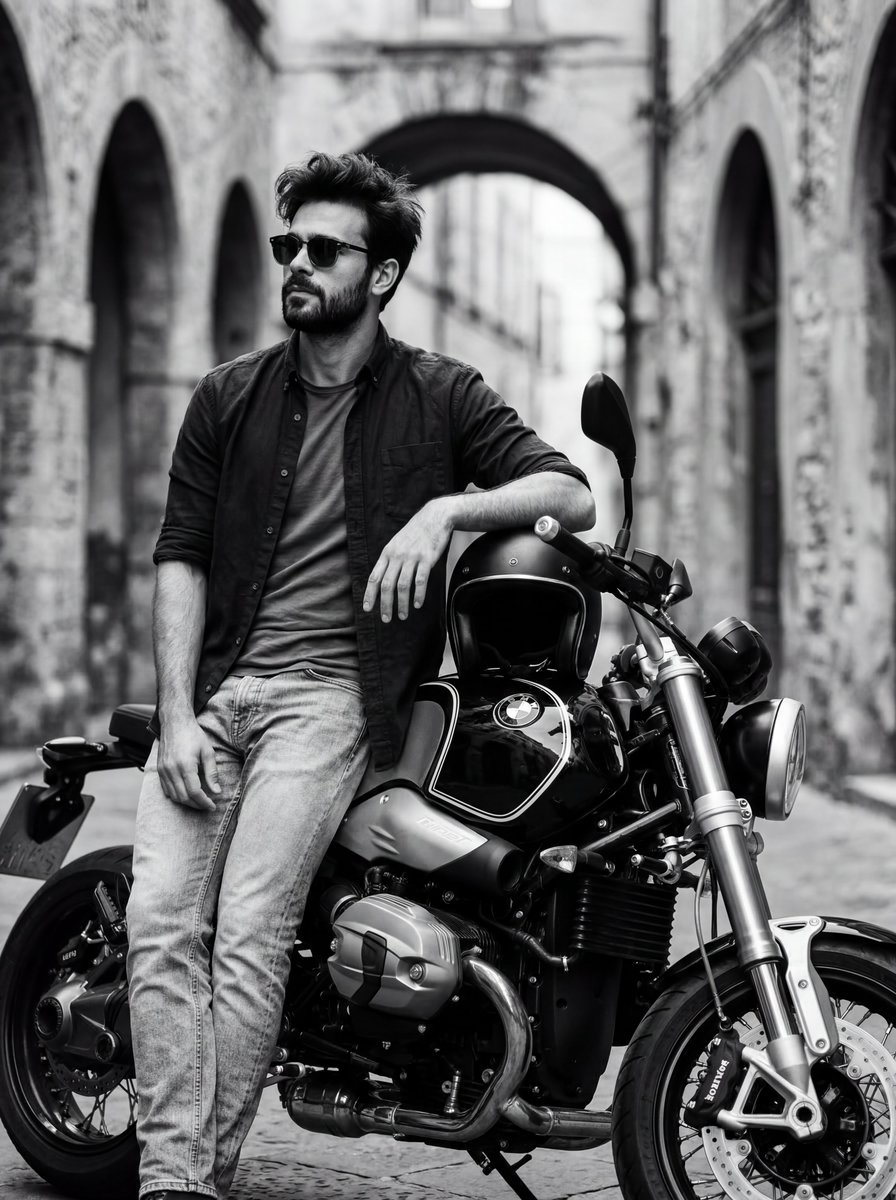 Black and White Cinematic Motorcycle Portrait