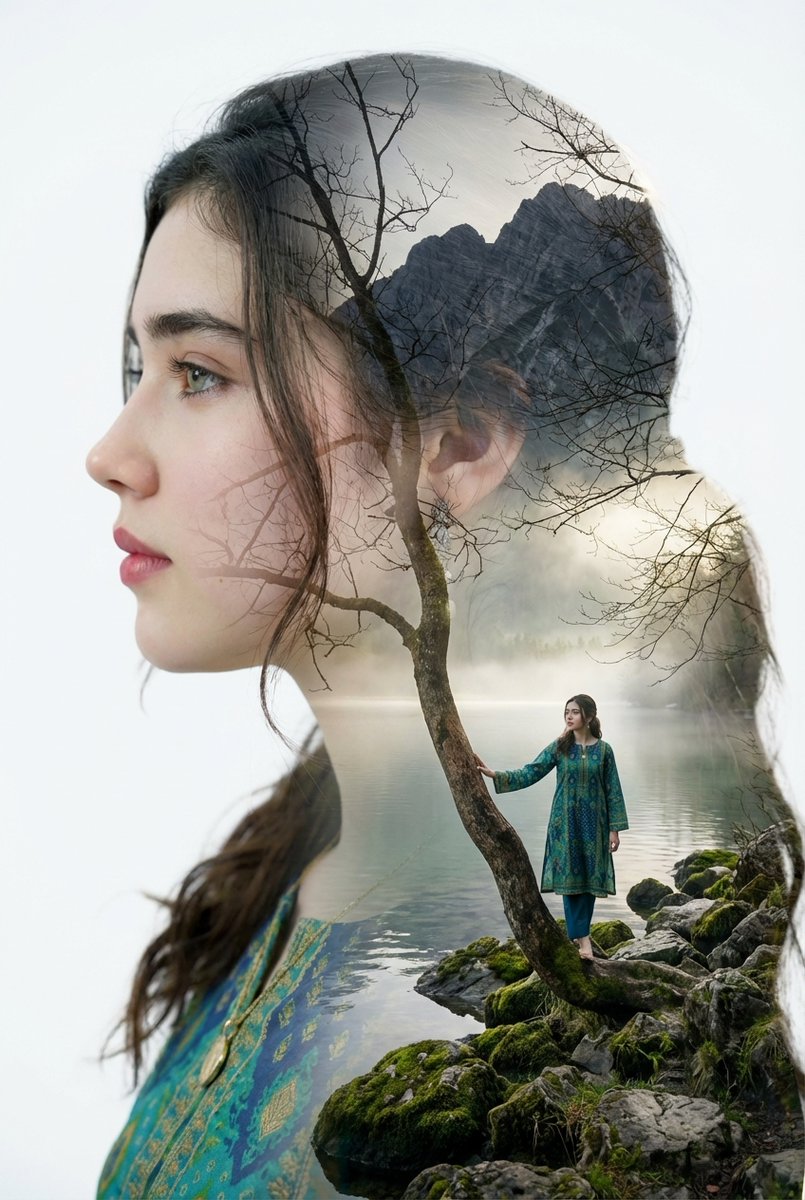 Double Exposure Portrait with Tree Branches and Landscape — example 1