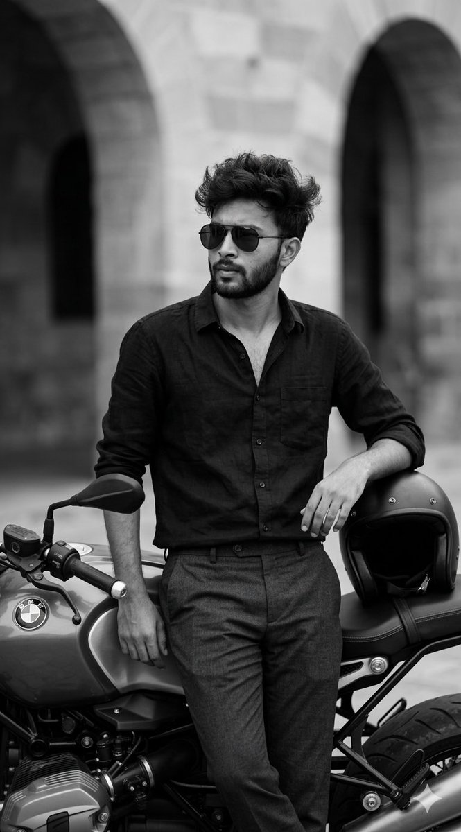Black and White Cinematic Portrait with Motorcycle — example 1