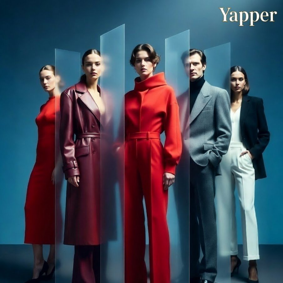 Cinematic Poster of Five Models with Vertical Panel Distortion — example 1