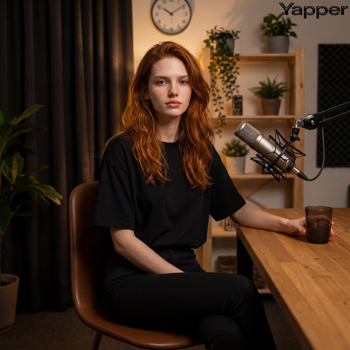 Photorealistic Portrait in a Warm Recording Studio — example 1