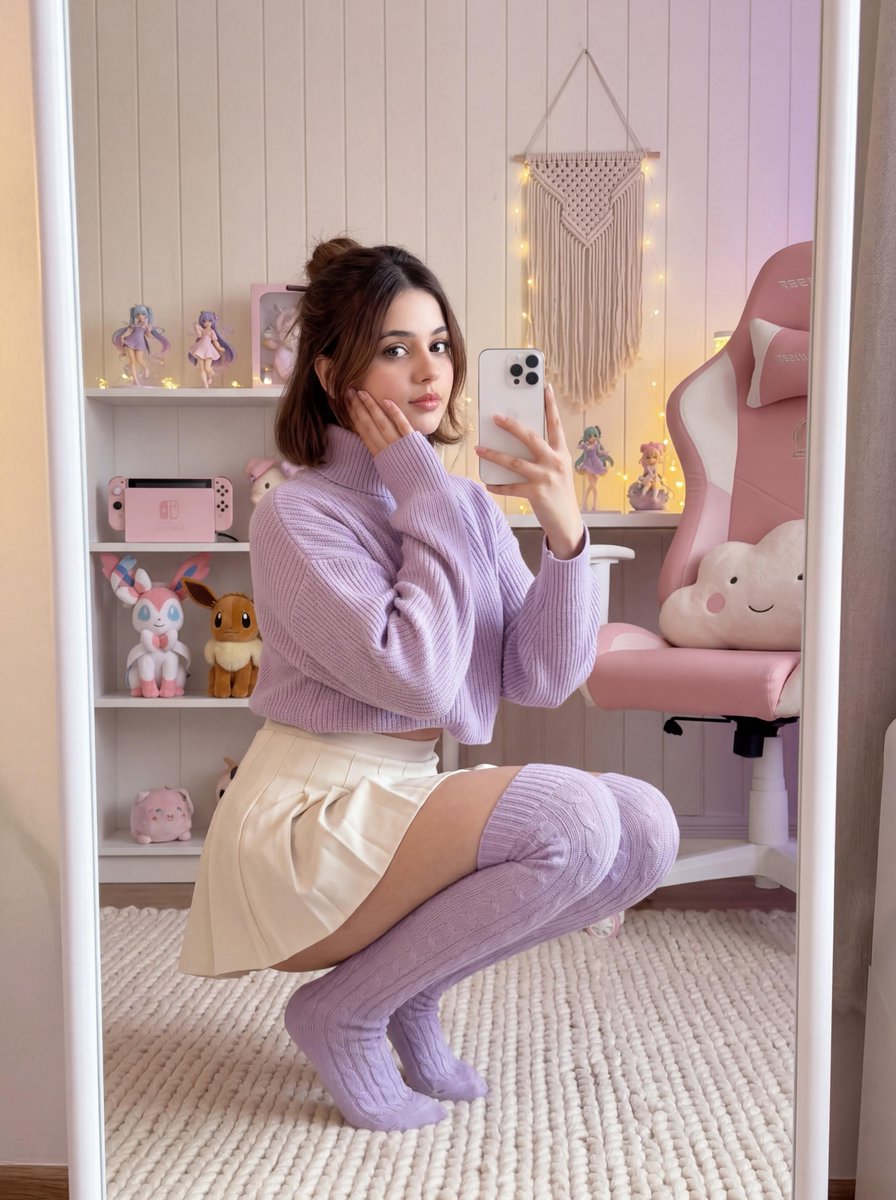 Soft Gamer Aesthetic Mirror Selfie in Lavender Light — example 1