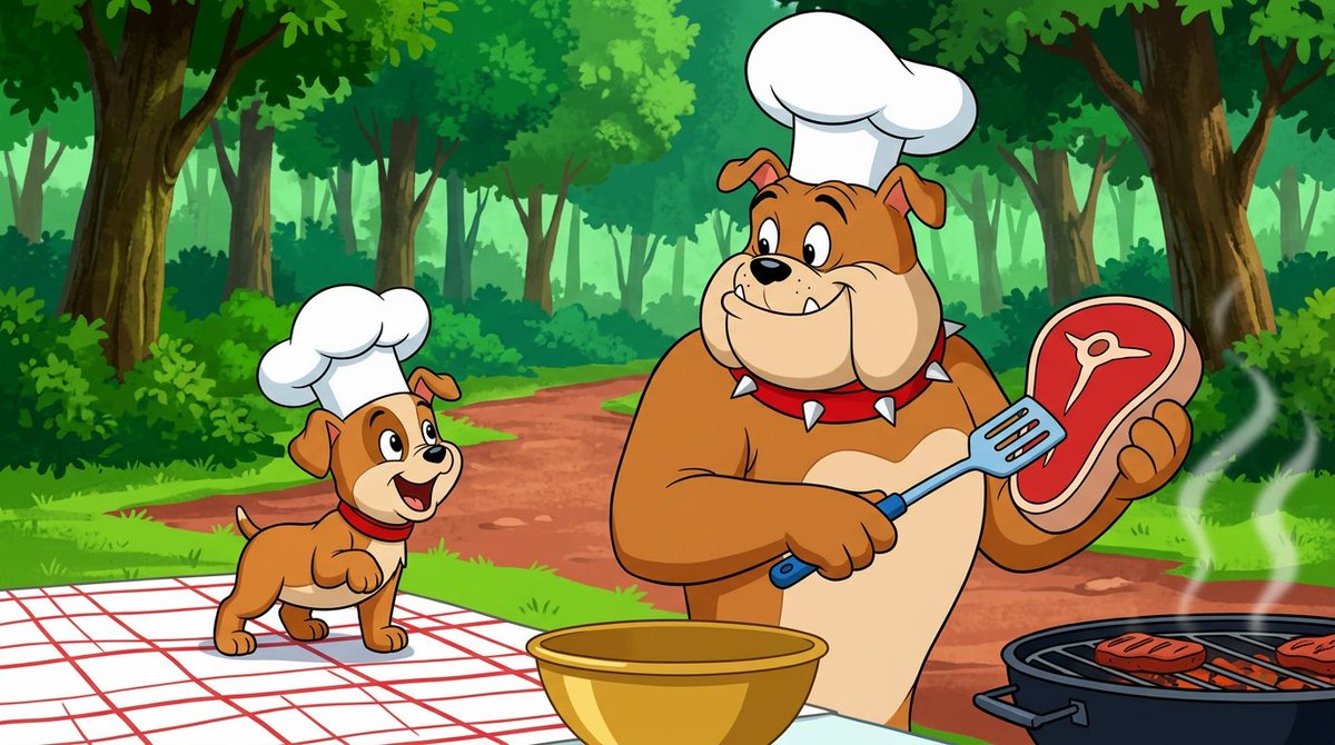 Anthropomorphic Bulldog Barbecue Scene (Classic Cartoon Style) — example 1