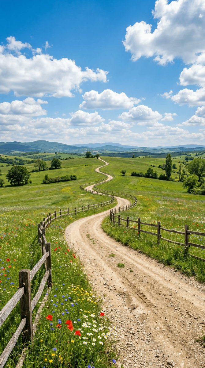 Wide-angle landscape prompt of a dirt road — example 1