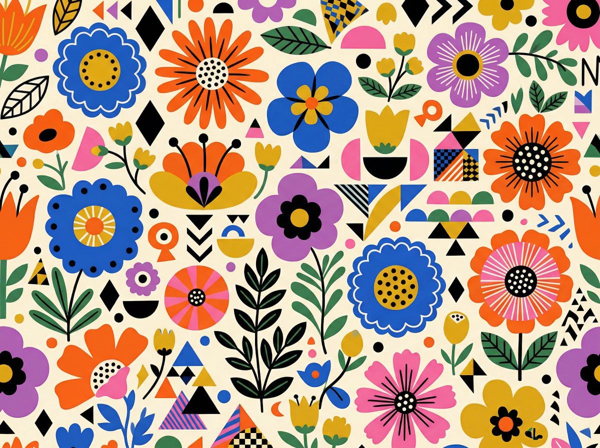 Vibrant Flat Illustration Pattern of Flowers and Shapes — example 1