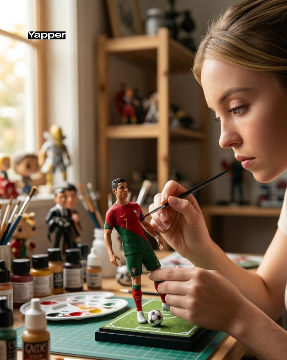 Hyper-Realistic Scene of Artist Painting Miniature Ronaldo Figurine