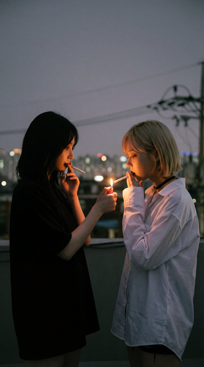 aespa Karina and Winter Cigarette Lighting Prompt for Nano Banana Pro — example 1