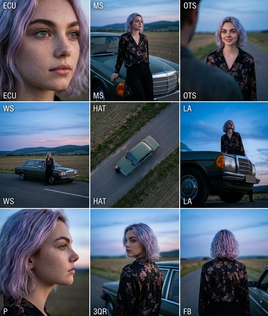Cinematic 3x3 Grid Camera Angle Prompt — example 1