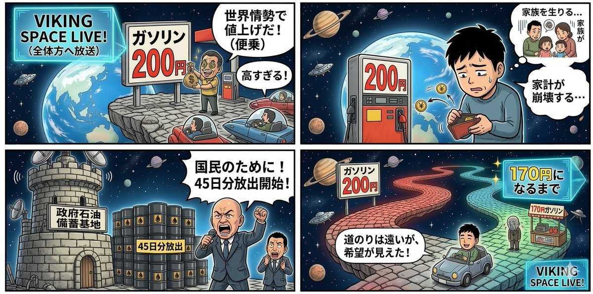 Four-Panel Manga Prompt: Oil Rush Panic — example 1