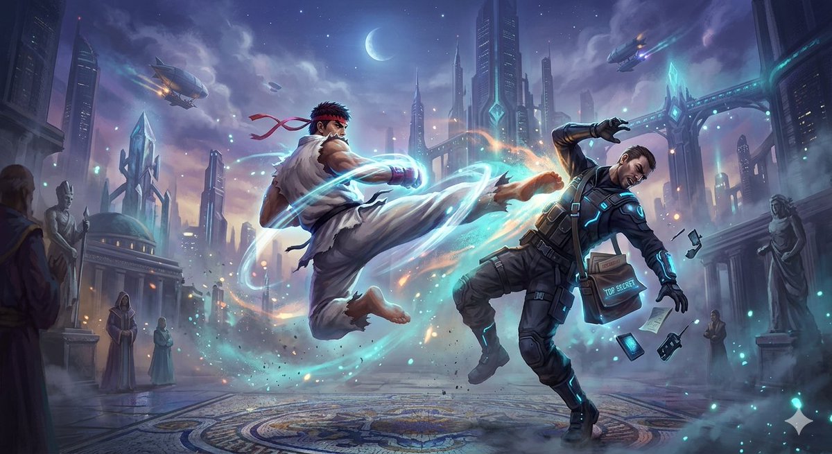 Ryu Performing Tatsumaki Senpukyaku on a Spy in Final Fantasy Style — example 1