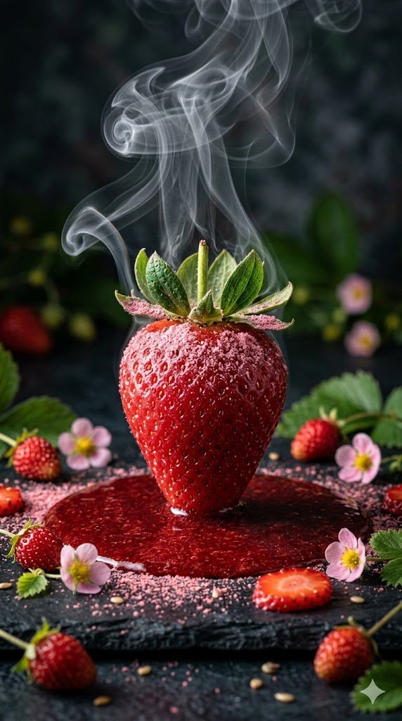 Cinematic Macro Photograph of a Strawberry in Syrup — example 1