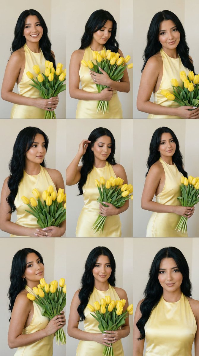 9-Panel Editorial Grid Prompt for Yellow Satin Halter Dress — example 1