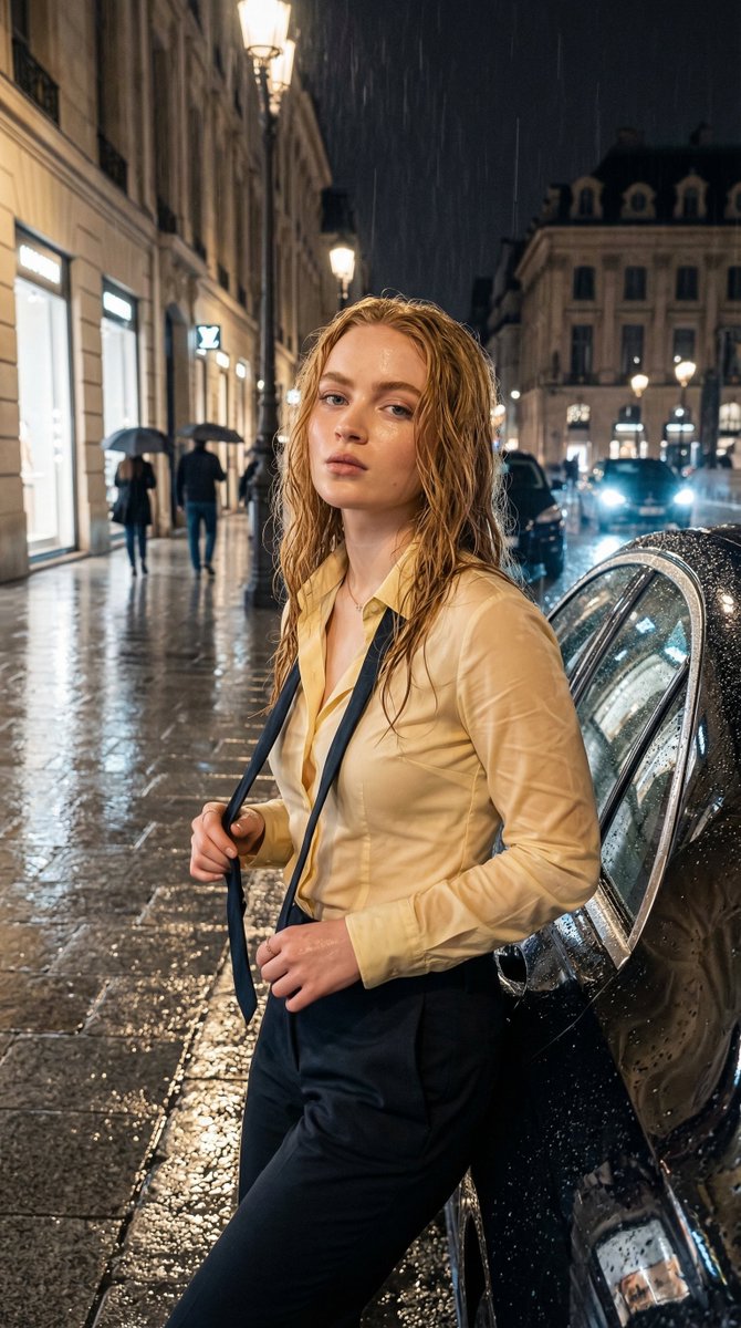 Rain-Soaked Night Portrait in European Boulevard — example 1
