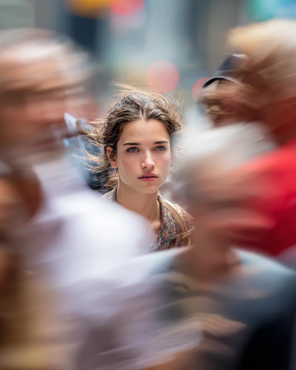 Close-Up Portrait on Busy New York Street — example 1