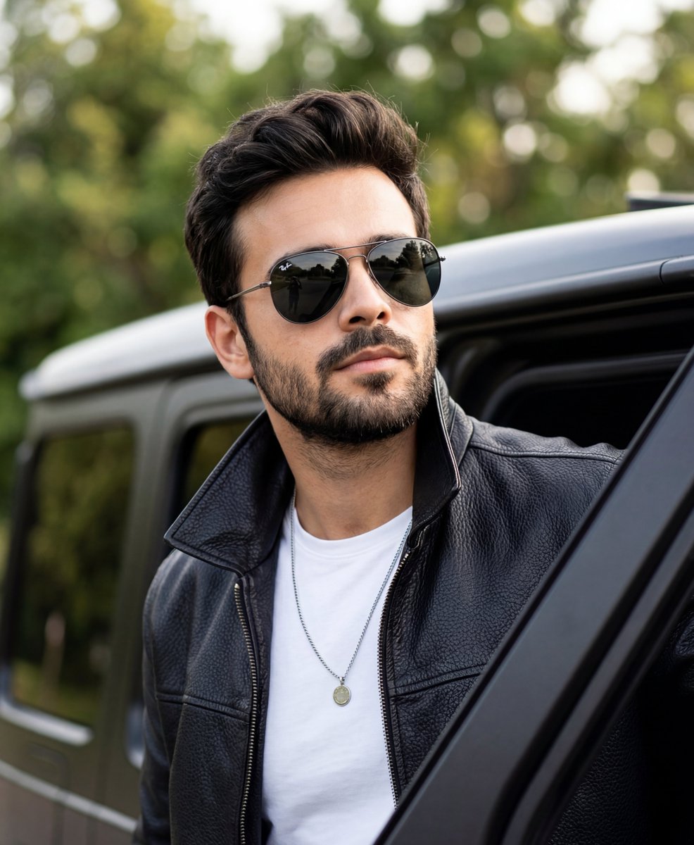 Cinematic Portrait of Man in Leather Jacket and Sunglasses — example 1
