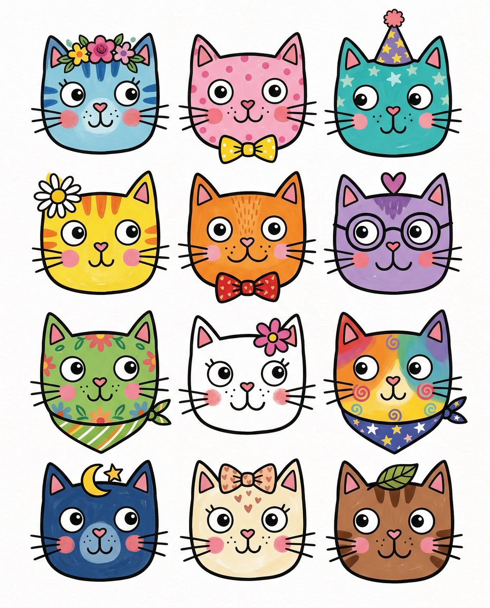 Stylized Grid of Whimsical Cat Faces — example 1