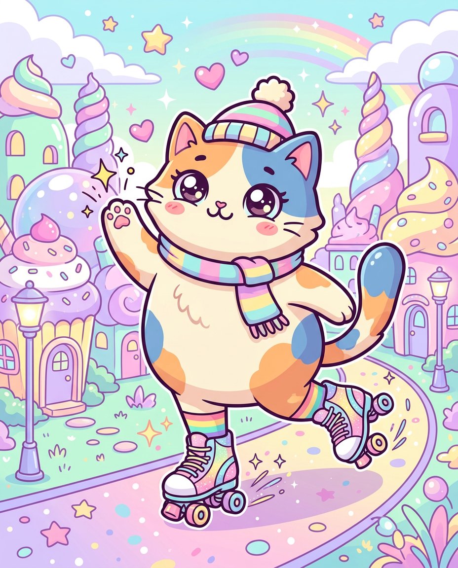Pop Surreal Kawaii Cat on Roller Skates — example 1