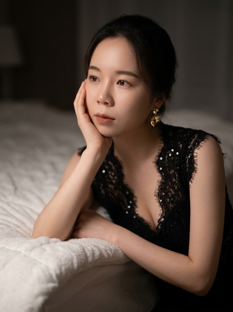 Moody East Asian Fashion Portrait in Bedroom