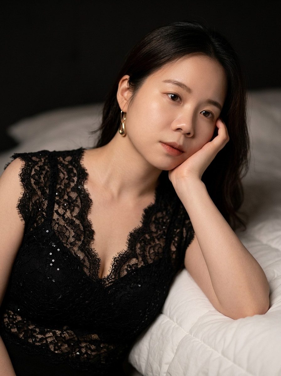 Moody East Asian Fashion Portrait in Bedroom — example 2