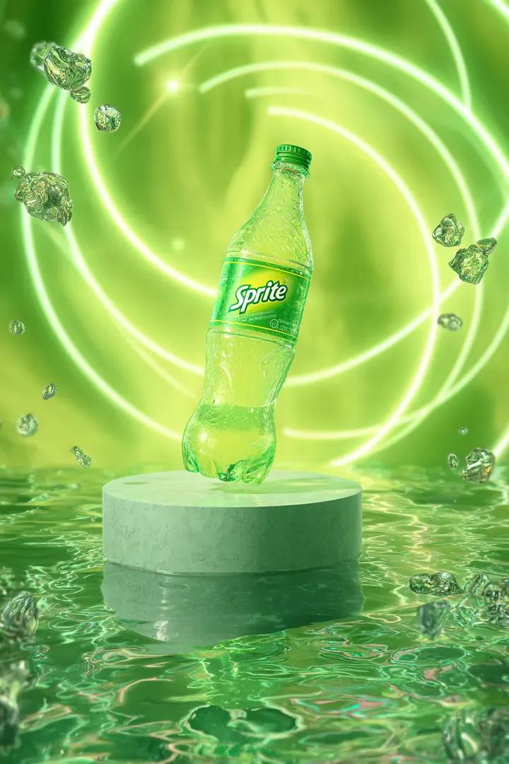 Neon Sprite Bottle Floating in Cosmic Petals — example 1