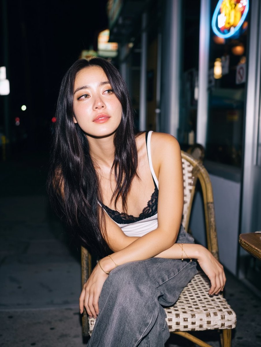 Candid Nighttime Street Portrait with Flash Photography Aesthetic — example 1