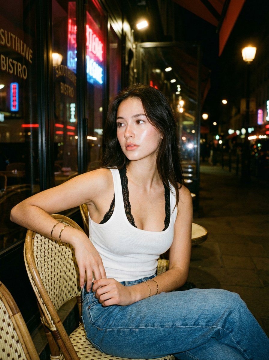Candid Nighttime Street Portrait with Flash Photography Aesthetic — example 2