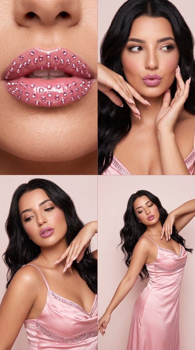 2x2 Editorial Grid: Pink Rhinestone Lips and Dance Fashion — example 1