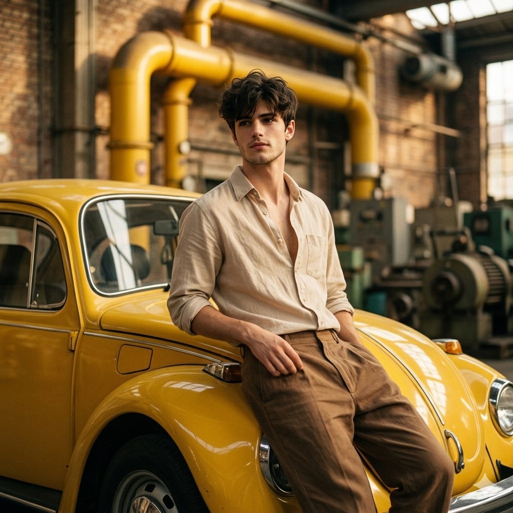 Vintage Car Portrait in Industrial Setting — example 1
