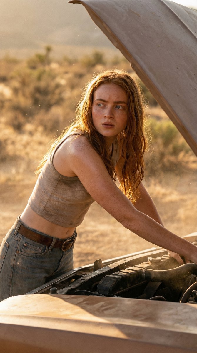 Cinematic Desert Portrait Leaning on Car Hood — example 3