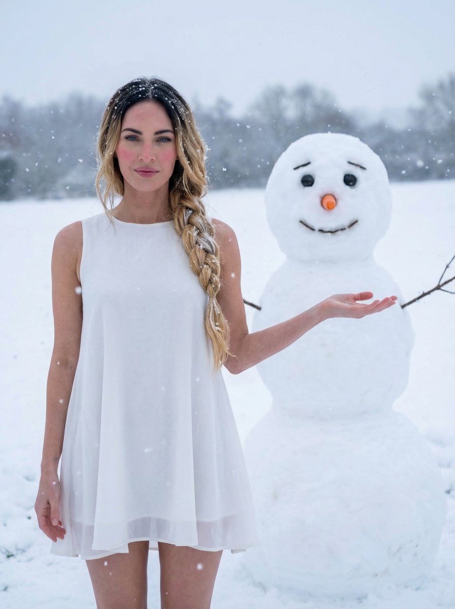 Cinematic Winter Portrait with Stylized Snowman — example 1