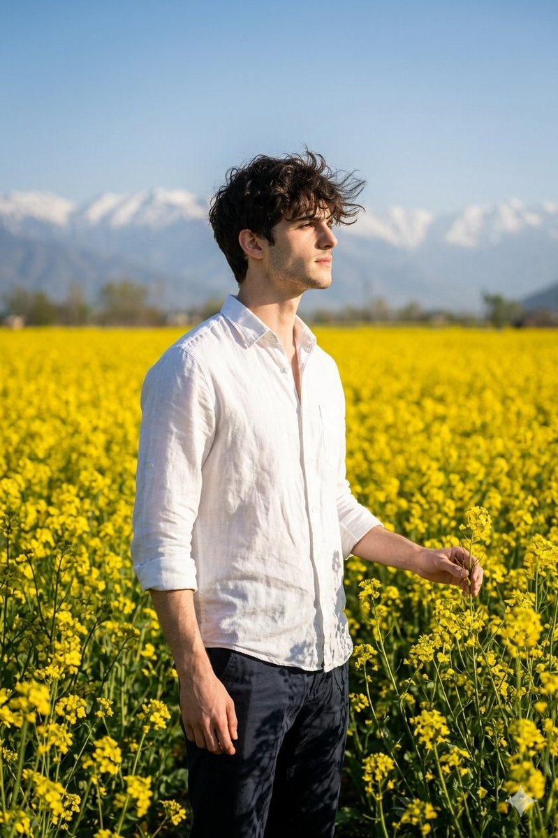 Cinematic Portrait in Kashmir Mustard Field — example 1