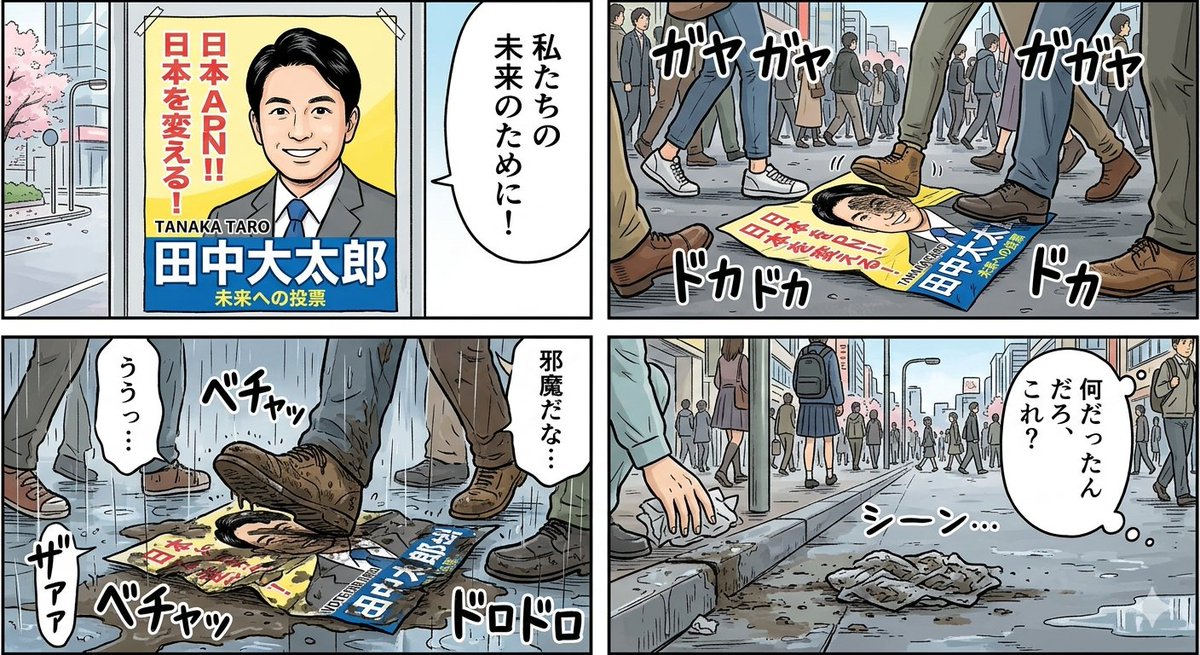 Four-Panel Manga: Poster Covered in Mud — example 1
