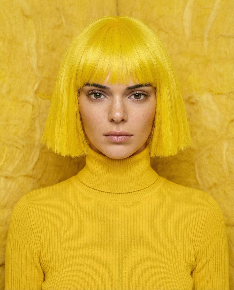 Monochromatic canary yellow portrait of Kendall Jenner in an isolation booth — example 1