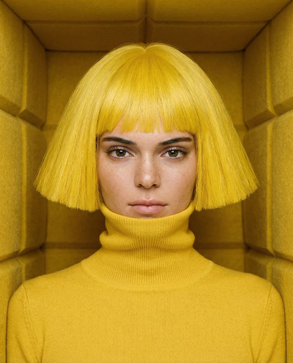 Monochromatic canary yellow portrait of Kendall Jenner in an isolation booth — example 2