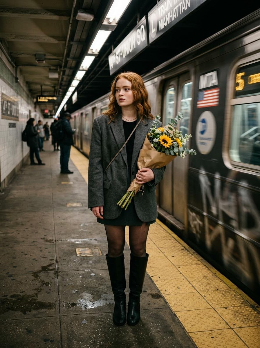 Cinematic photo of a woman on a subway platform with motion blur — example 1