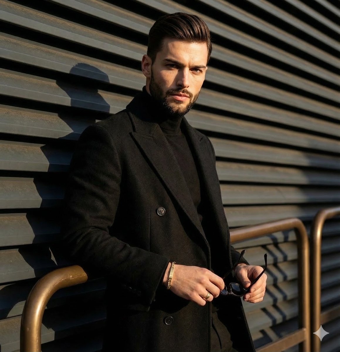 High-contrast editorial portrait of a man leaning on a rail — example 1