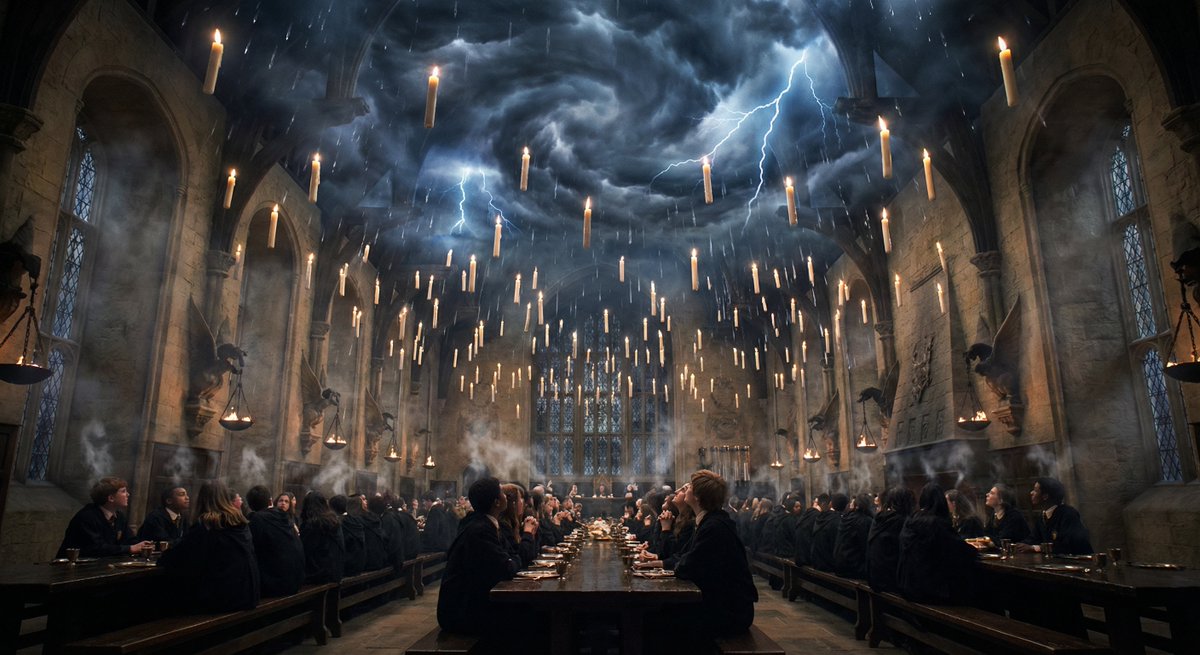 Hogwarts Great Hall during a thunderstorm