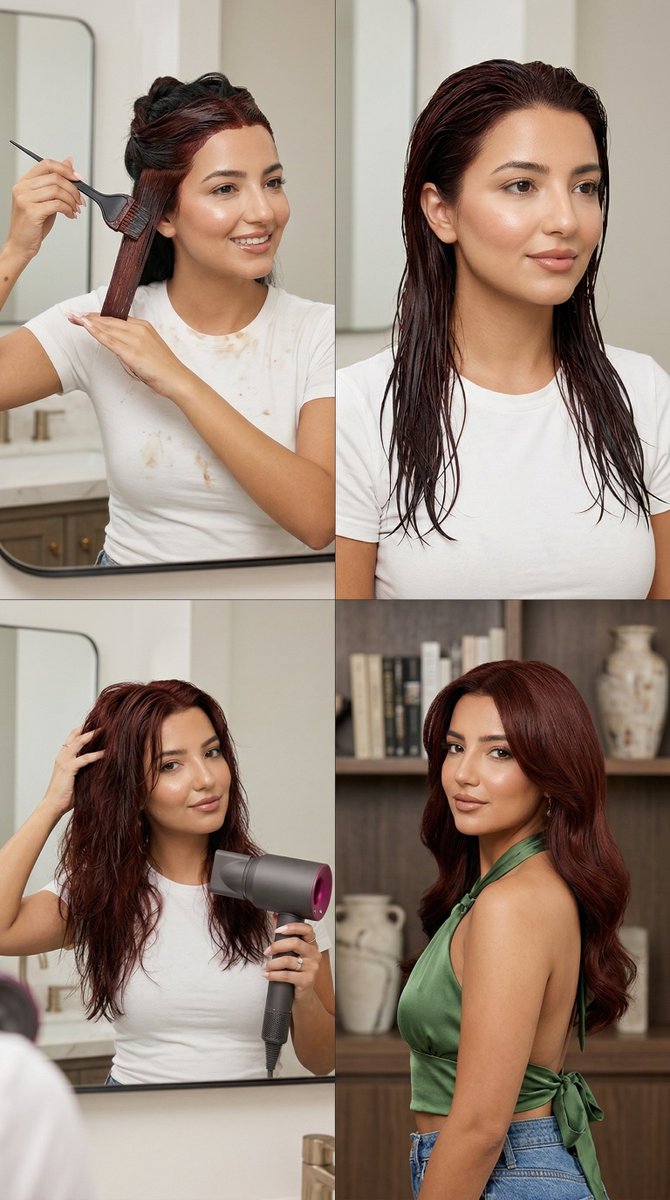 4-Step Deep Auburn Hair Dye Transformation Grid Prompt for Nano Banana 2 — example 1