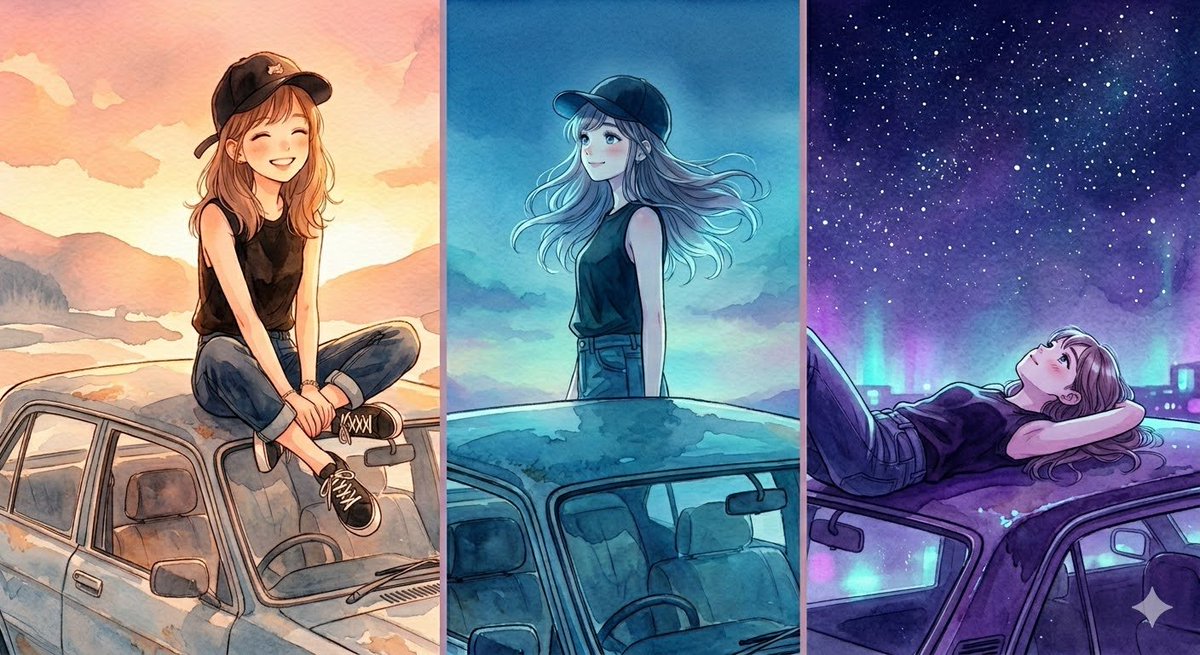 Three-Panel Anime Watercolor Split Composition Prompt for Nano Banana Pro — example 1