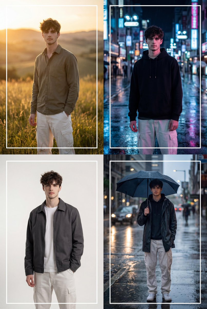 Cinematic 2x2 Grid Portrait with Consistent Identity — example 1